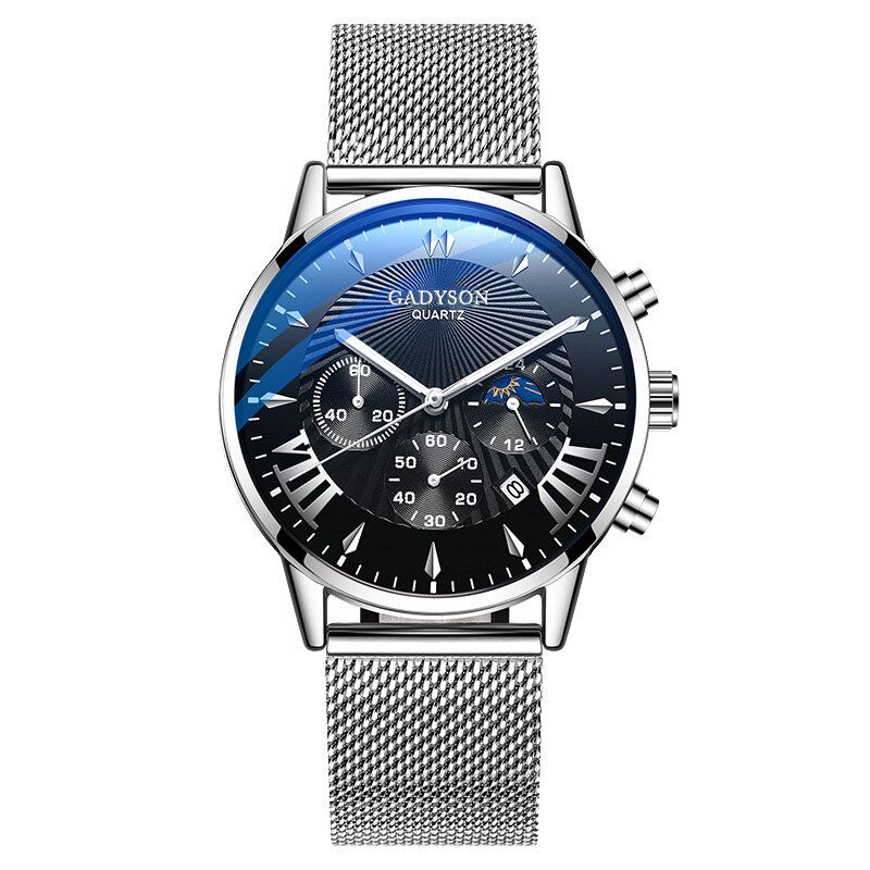 Fashion Męskie Watch Luminous Data Display Metal Mesh Belt Business Quartz Watch