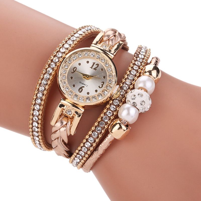 Fashion Style Damskie Pearl Pleciony Alloy Damskie Wrist Watch Laides Dress Quartz Watch Bracelet