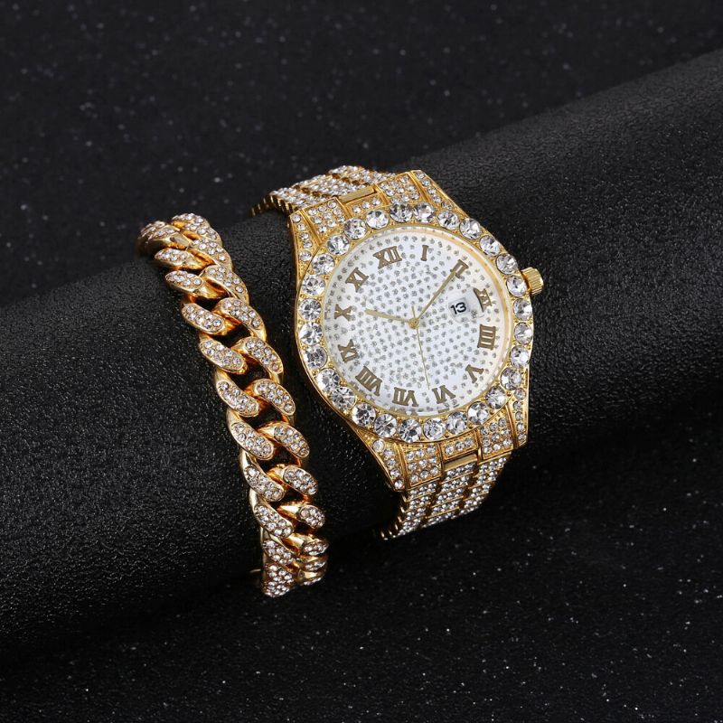 Hip Hop Luxury 2 Szt Hip-hopowy Łańcuszek Pełna Diamentowa Bransoletka Do Zegarka Lady Quartz Watch