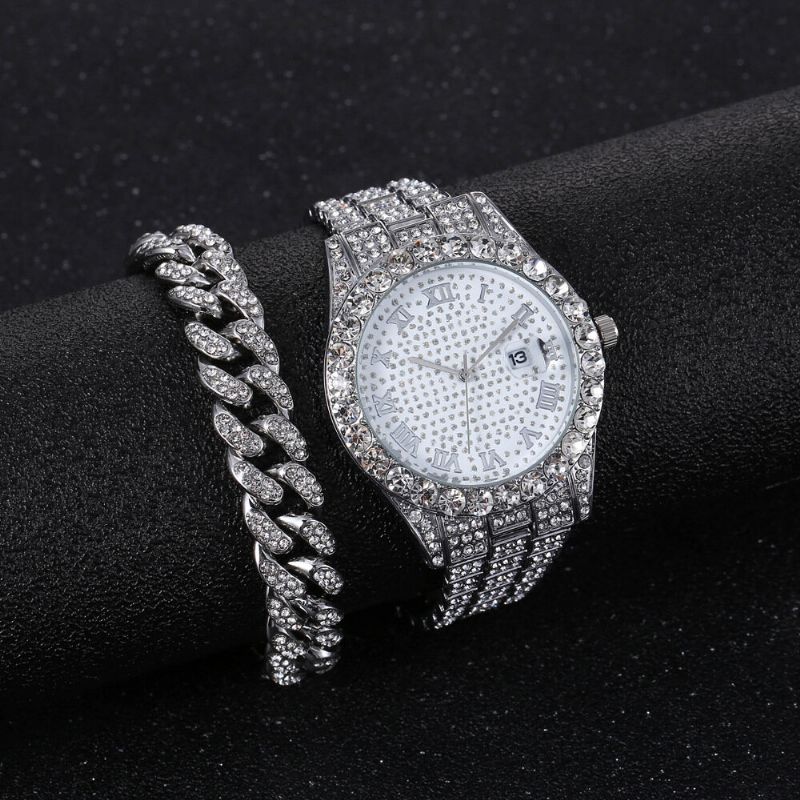 Hip Hop Luxury 2 Szt Hip-hopowy Łańcuszek Pełna Diamentowa Bransoletka Do Zegarka Lady Quartz Watch