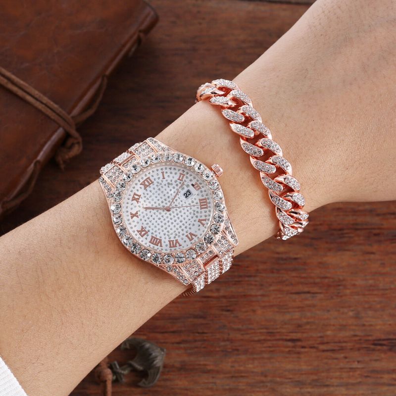 Hip Hop Luxury 2 Szt Hip-hopowy Łańcuszek Pełna Diamentowa Bransoletka Do Zegarka Lady Quartz Watch