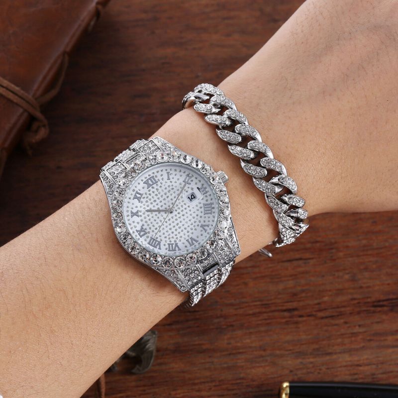 Hip Hop Luxury 2 Szt Hip-hopowy Łańcuszek Pełna Diamentowa Bransoletka Do Zegarka Lady Quartz Watch