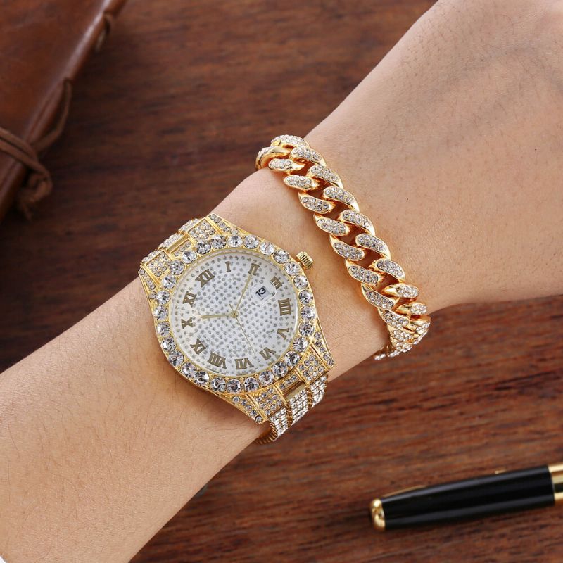 Hip Hop Luxury 2 Szt Hip-hopowy Łańcuszek Pełna Diamentowa Bransoletka Do Zegarka Lady Quartz Watch