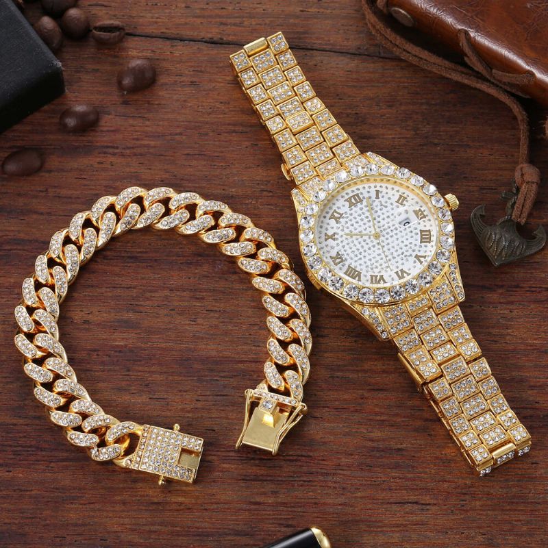 Hip Hop Luxury 2 Szt Hip-hopowy Łańcuszek Pełna Diamentowa Bransoletka Do Zegarka Lady Quartz Watch