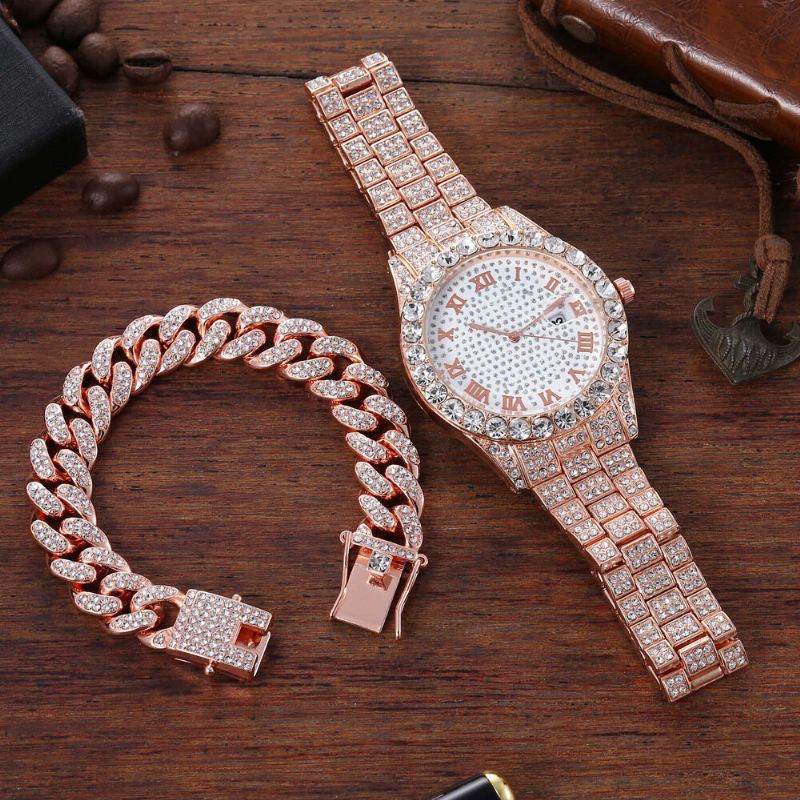 Hip Hop Luxury 2 Szt Hip-hopowy Łańcuszek Pełna Diamentowa Bransoletka Do Zegarka Lady Quartz Watch