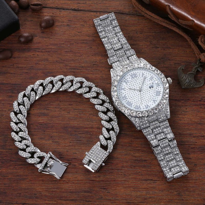 Hip Hop Luxury 2 Szt Hip-hopowy Łańcuszek Pełna Diamentowa Bransoletka Do Zegarka Lady Quartz Watch