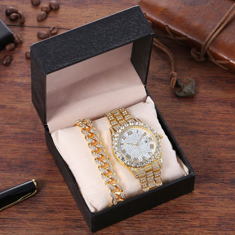 Hip Hop Luxury 2 Szt Hip-hopowy Łańcuszek Pełna Diamentowa Bransoletka Do Zegarka Lady Quartz Watch