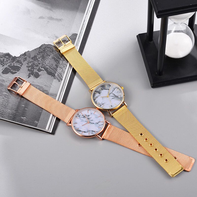 Leisure Sport Damskie Watch Alloy Case Mesh Band Regulowane Składane Zapięcie Kreatywne Marmurowe Zegarki Kwarcowe