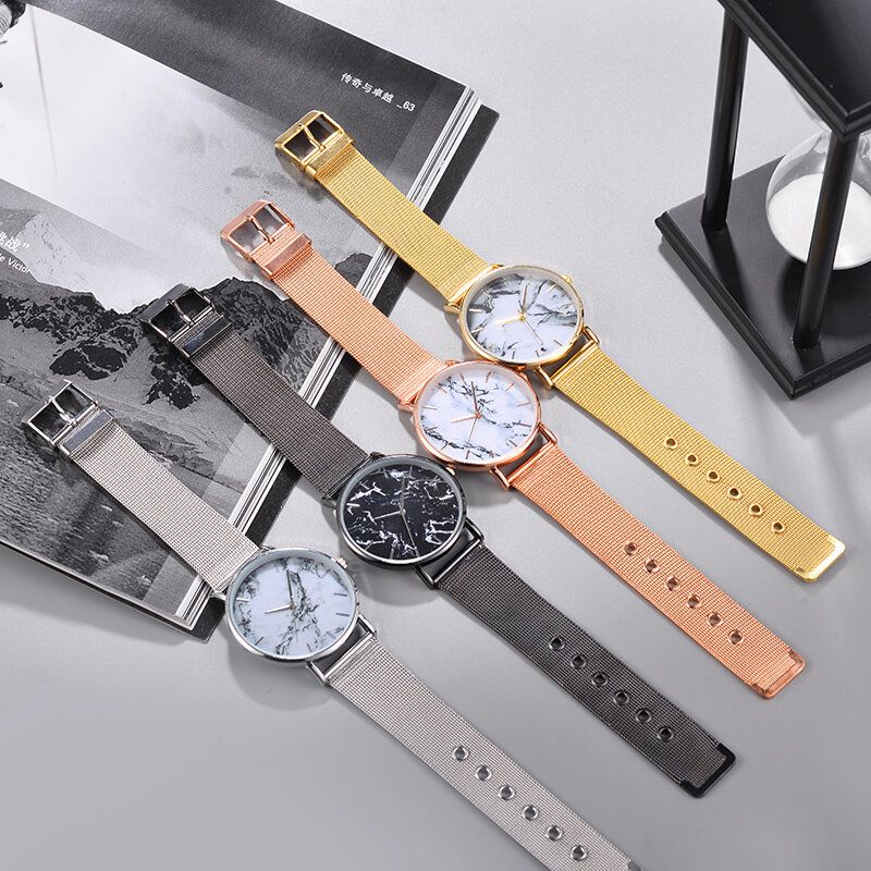 Leisure Sport Damskie Watch Alloy Case Mesh Band Regulowane Składane Zapięcie Kreatywne Marmurowe Zegarki Kwarcowe