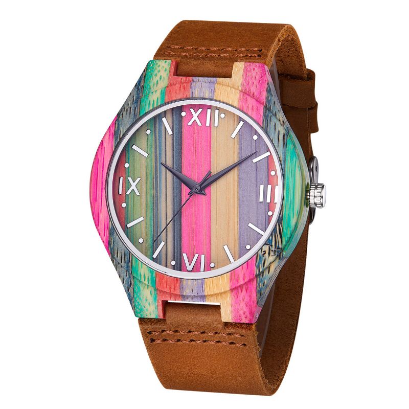 Moda Kolorowe Etui Dial Skórzany Pasek Kreatywny Styl Casual Męskie Watch Zegarek Kwarcowy