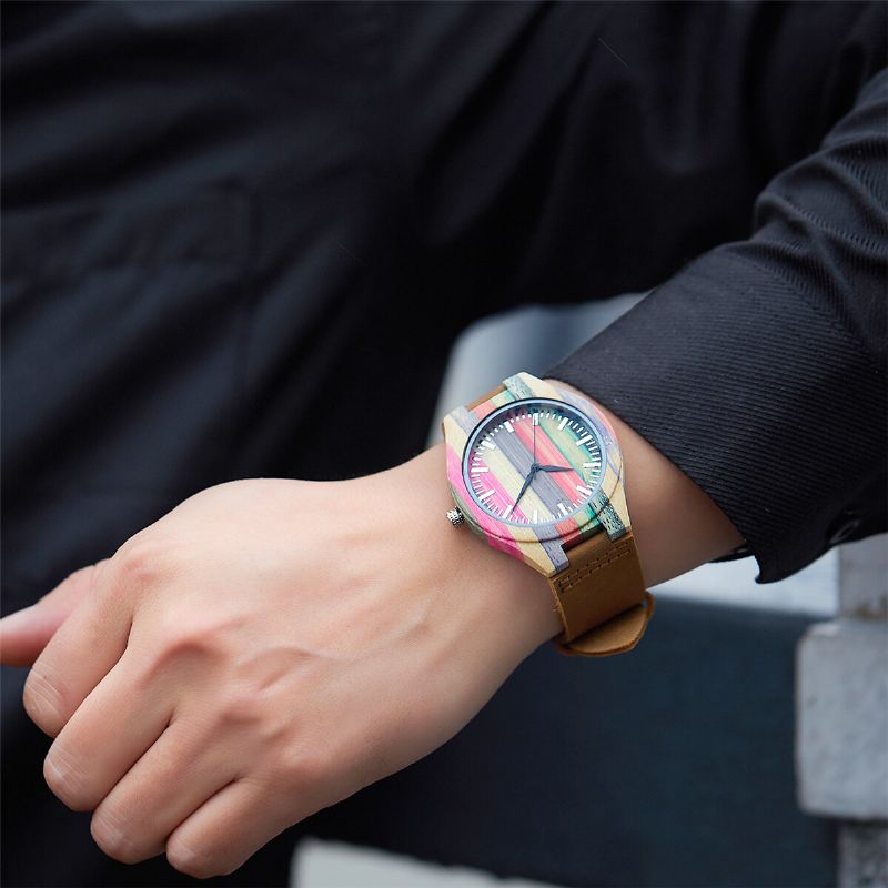 Moda Kolorowe Etui Dial Skórzany Pasek Kreatywny Styl Casual Męskie Watch Zegarek Kwarcowy