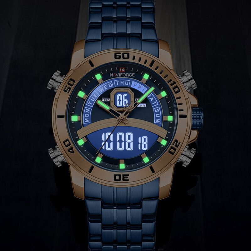 Pełny Stalowy Podwójny Wyświetlacz Chronograf Męski Zegarek Na Rękę Luminous Hand Quartz Watch