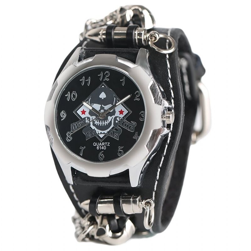 Vintage Square Dial Męskie Watch Hollow Skull Skórzany Zegarek Kwarcowy