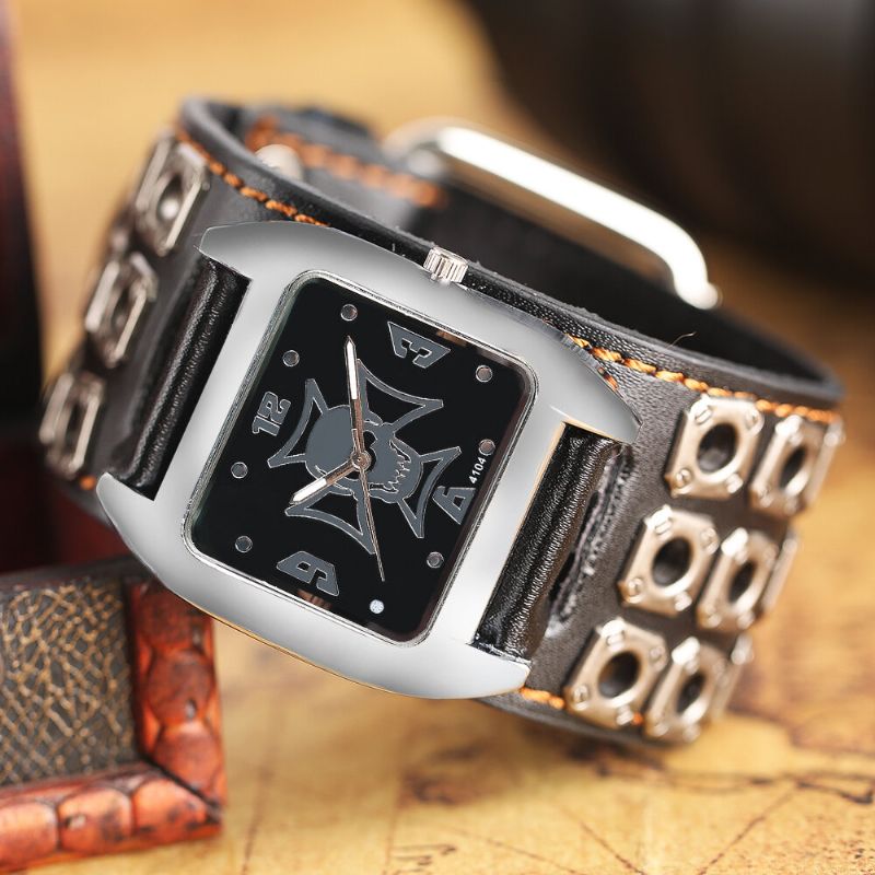 Vintage Square Dial Męskie Watch Hollow Skull Skórzany Zegarek Kwarcowy