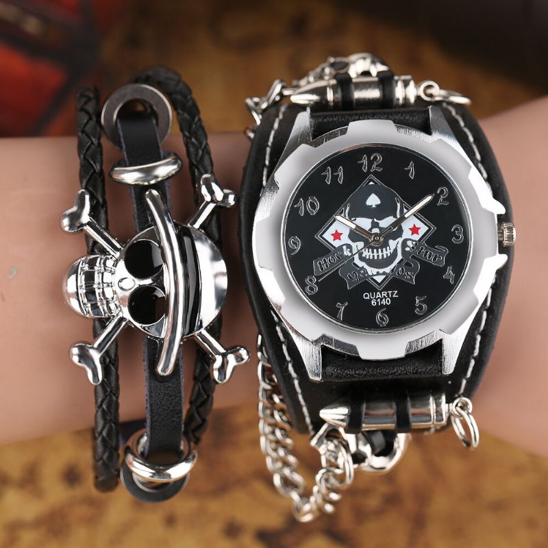 Vintage Square Dial Męskie Watch Hollow Skull Skórzany Zegarek Kwarcowy