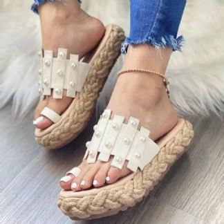 Plus Size Damskie Casual Summer Beach Vacation Perły Decor Espadryle Platformy Klapki Na Kciuk