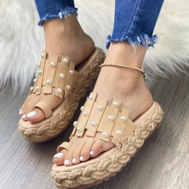 Plus Size Damskie Casual Summer Beach Vacation Perły Decor Espadryle Platformy Klapki Na Kciuk