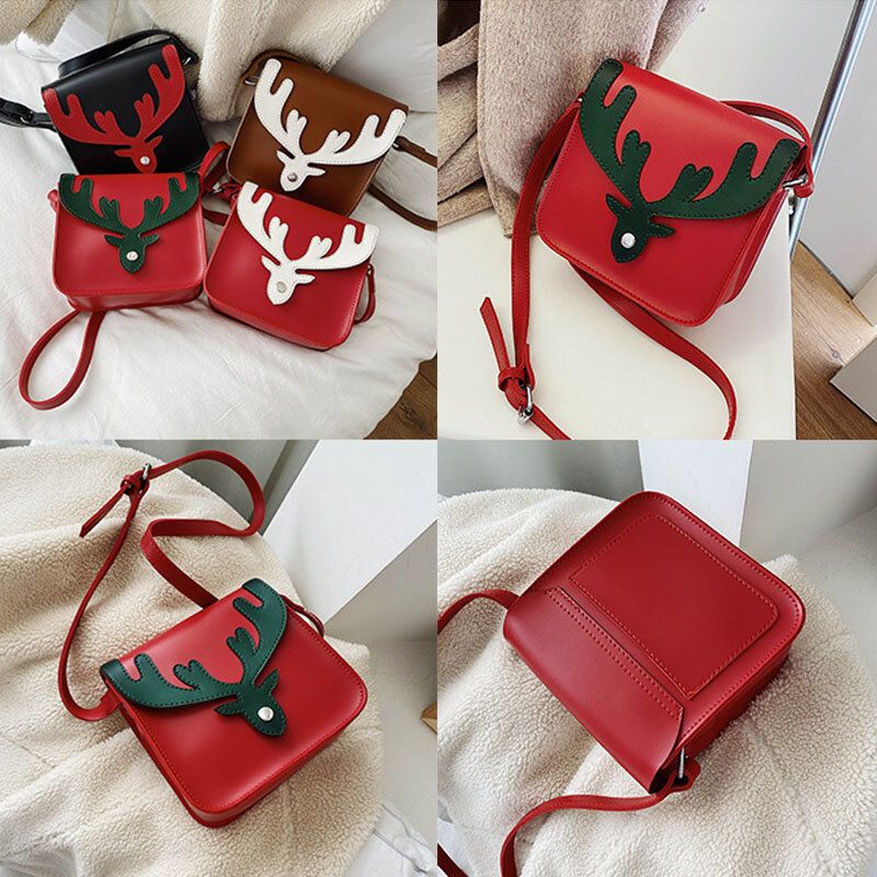 Kobiety Faux Leather Kontrastowy Kolor Wzór Łosia Bożonarodzeniowego Mała Kwadratowa Torba Torba Na Ramię Torba Crossbody