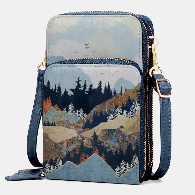 Kobiety Faux Leather Ladies Mountain Treetop Print Torby Torba Na Telefon 6.3 Cala Torba Crossbody