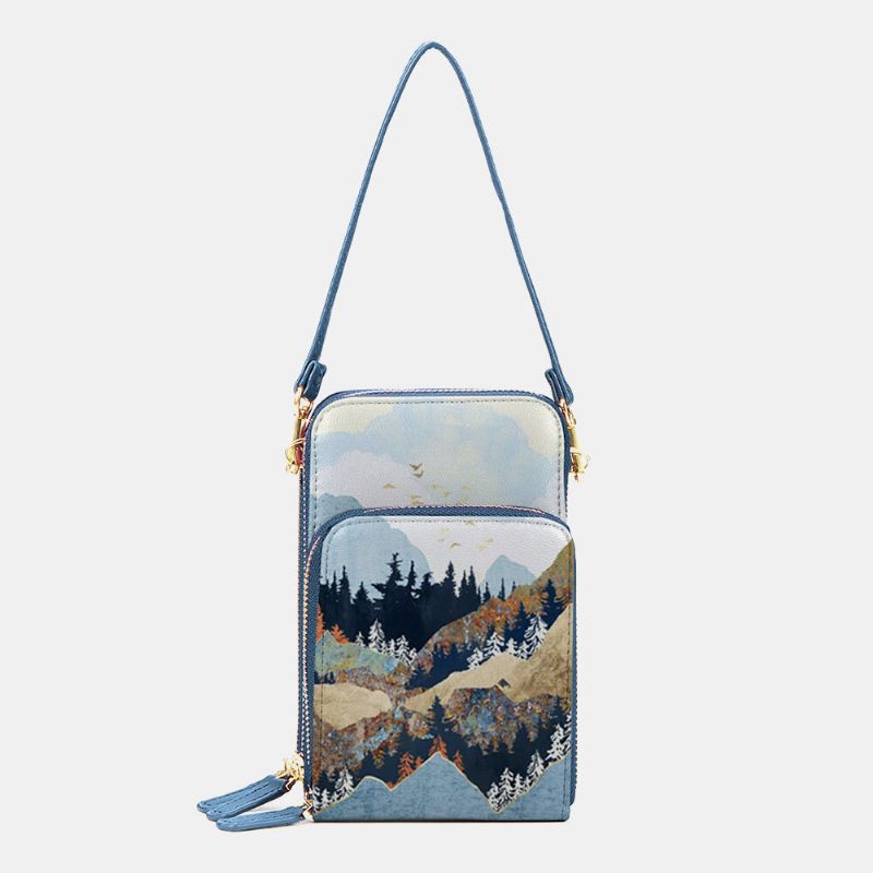 Kobiety Faux Leather Ladies Mountain Treetop Print Torby Torba Na Telefon 6.3 Cala Torba Crossbody