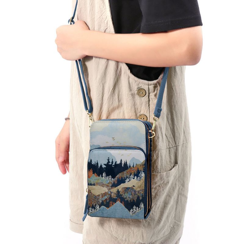 Kobiety Faux Leather Ladies Mountain Treetop Print Torby Torba Na Telefon 6.3 Cala Torba Crossbody