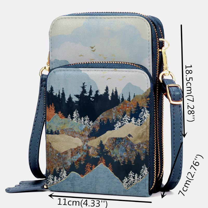 Kobiety Faux Leather Ladies Mountain Treetop Print Torby Torba Na Telefon 6.3 Cala Torba Crossbody