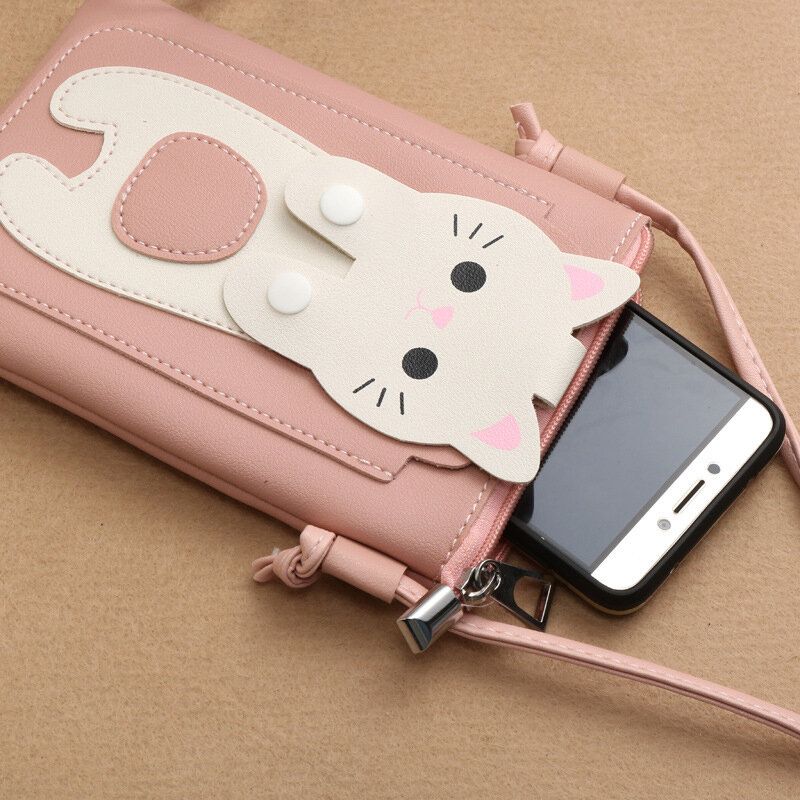 Kobiety Faux Leather Super Słodki Kot Kitty Wzór 6.3 Cala Torba Na Telefon Mała Torba Do Przechowywania Torba Crossbody