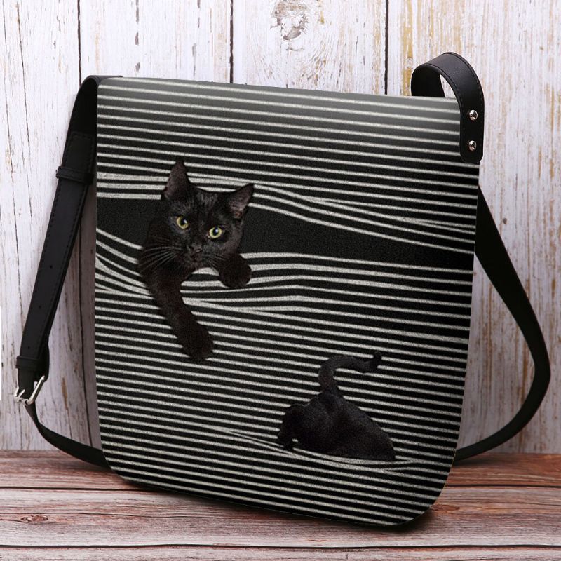 Kobiety Filcowy Wzór W Paski Trójwymiarowa Wizja Cat Print Torba Na Ramię Torba Crossbody