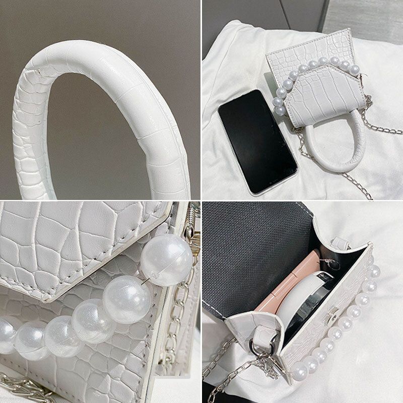 Kobiety Pearls Chain Decor Flap Wytłaczany Wzór Węża Mini Torebka Crossbody Torby Torba Na Ramię