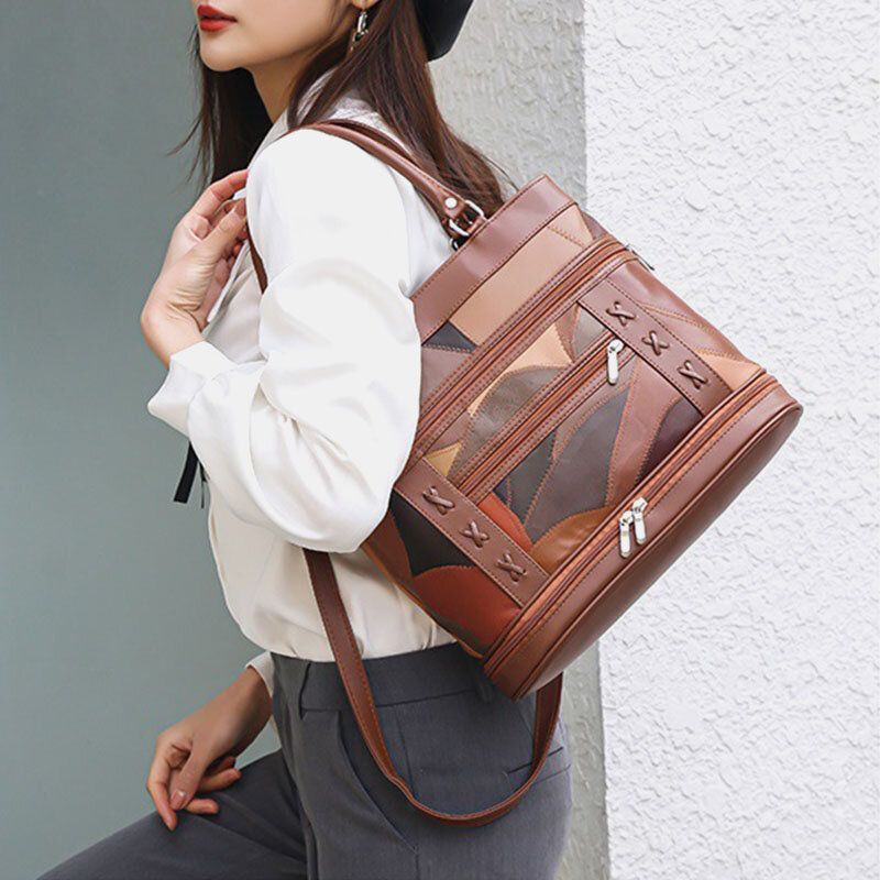 Kobiety Prawdziwej Skóry Geometryczny Wzór Dopasowanie Kolorów Vintage Duża Pojemność Torebki Torba Na Ramię Torby Crossbody