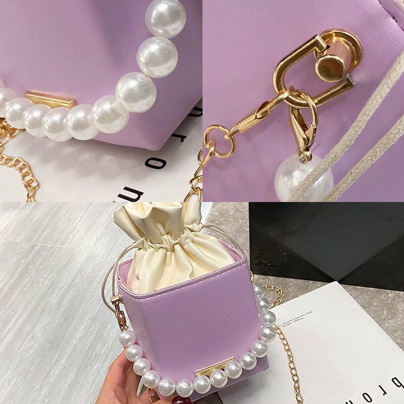 Kobiety Pu Leather Prostokąt String Pearl Chain Torba Na Telefon Torebka Torba Na Ramię Torby Crossbody