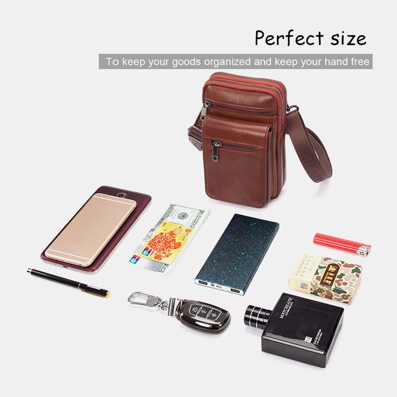 Mężczyźni Prawdziwej Skóry Bydlęcej Multi-carry Retro 7.2 Cal Telefon Crossbody Torba Wisząca Torba Na Pasek Torba Na Talię