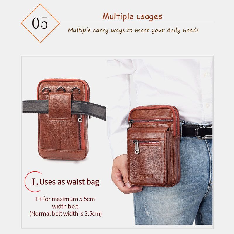 Mężczyźni Prawdziwej Skóry Bydlęcej Multi-carry Retro 7.2 Cal Telefon Crossbody Torba Wisząca Torba Na Pasek Torba Na Talię