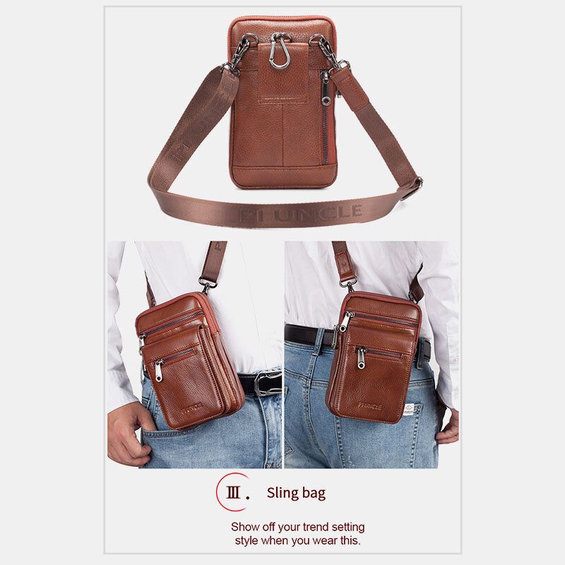 Mężczyźni Prawdziwej Skóry Bydlęcej Multi-carry Retro 7.2 Cal Telefon Crossbody Torba Wisząca Torba Na Pasek Torba Na Talię