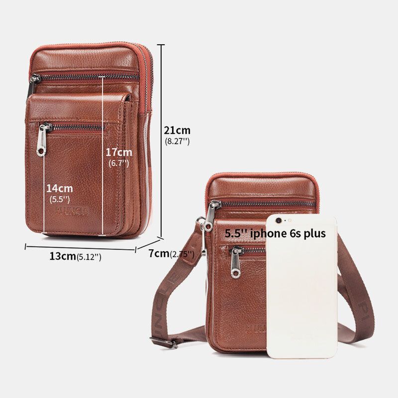 Mężczyźni Prawdziwej Skóry Bydlęcej Multi-carry Retro 7.2 Cal Telefon Crossbody Torba Wisząca Torba Na Pasek Torba Na Talię