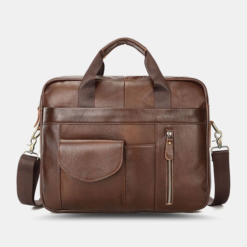 Mężczyźni Prawdziwej Skóry Multi-pocket Vintage 14 Cal Torba Na Laptop Teczki Torba Crossbody Torba Na Ramię Torebka