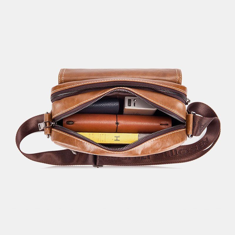 Mężczyźni Prawdziwej Skóry O Dużej Pojemności Z Wieloma Kieszeniami Antykradzieżowa Torba W Stylu Vintage Crossbody Torba Na Ramię Ze Skóry Bydlęcej