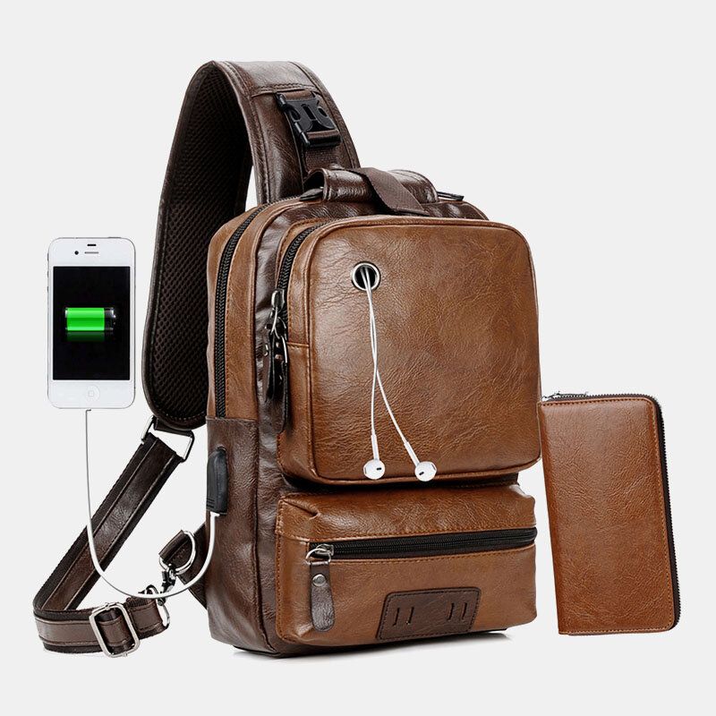 Mężczyźni Pu Leather Vintage Wielofunkcyjny Otwór Na Słuchawki Usb Ładowanie Crossbody Torby Torba Na Klatkę Piersiową Sling Bag