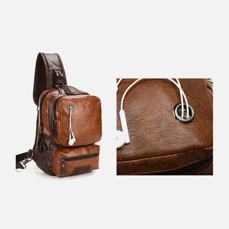 Mężczyźni Pu Leather Vintage Wielofunkcyjny Otwór Na Słuchawki Usb Ładowanie Crossbody Torby Torba Na Klatkę Piersiową Sling Bag