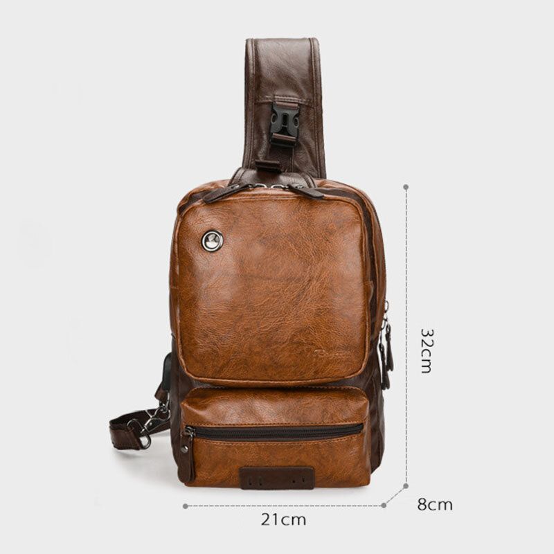 Mężczyźni Pu Leather Vintage Wielofunkcyjny Otwór Na Słuchawki Usb Ładowanie Crossbody Torby Torba Na Klatkę Piersiową Sling Bag