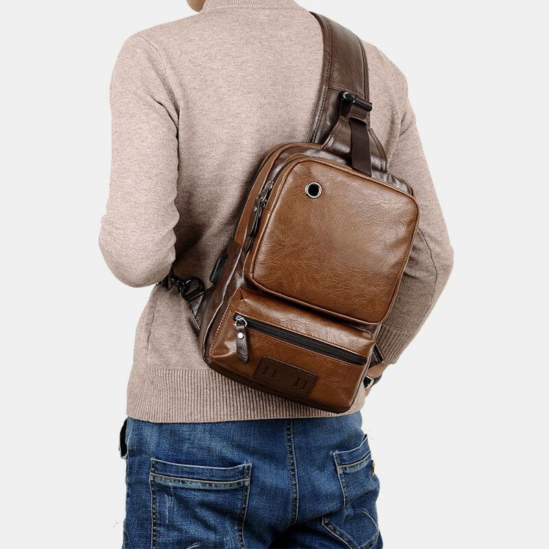 Mężczyźni Pu Leather Vintage Wielofunkcyjny Otwór Na Słuchawki Usb Ładowanie Crossbody Torby Torba Na Klatkę Piersiową Sling Bag