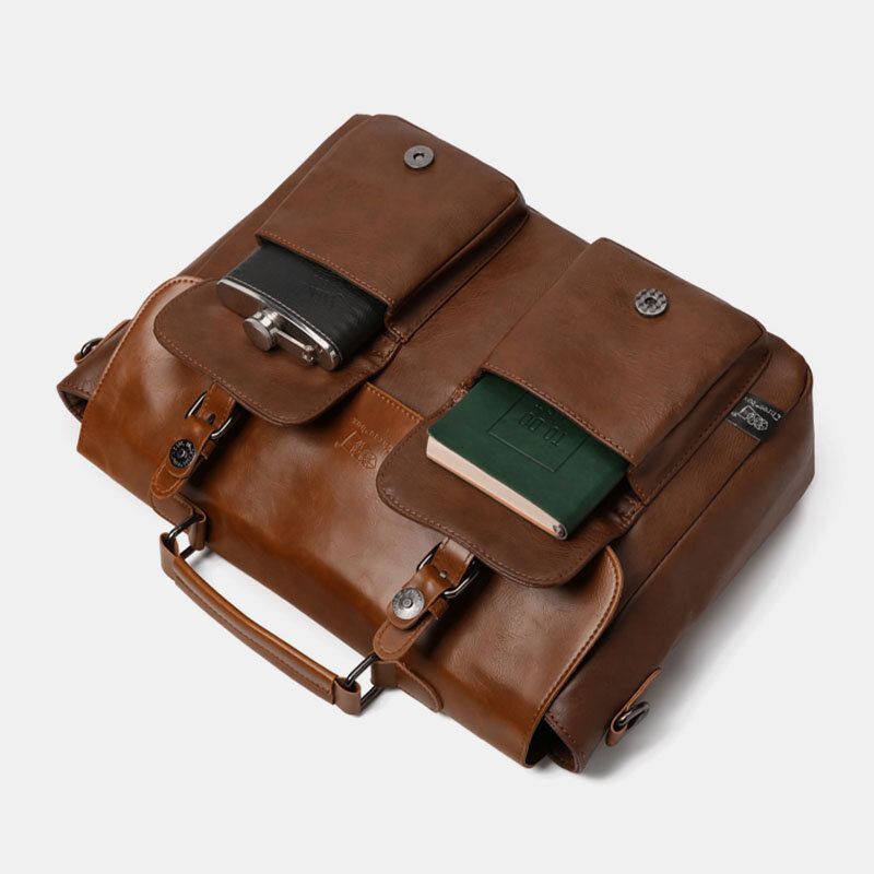 Mężczyźni Vintage Wielofunkcyjna Podwójna Przednia Kieszeń Torba Nauczyciela Teczka 14-calowa Torba Na Laptopa Torba Na Ramię Crossbody