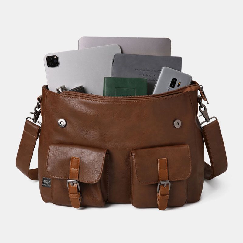 Mężczyźni Vintage Wielofunkcyjna Podwójna Przednia Kieszeń Torba Nauczyciela Teczka 14-calowa Torba Na Laptopa Torba Na Ramię Crossbody