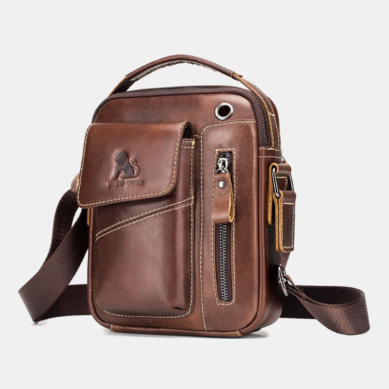 Męska Torba Z Prawdziwej Skóry Odporna Na Zużycie Otwór Na Słuchawki Z Wieloma Kieszeniami W Stylu Vintage Crossbody Torba Na Ramię