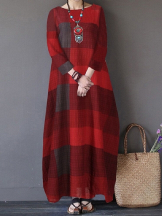 Boczne Kieszenie Plaid Maxi Dress Wypoczynek Dla Kobiet