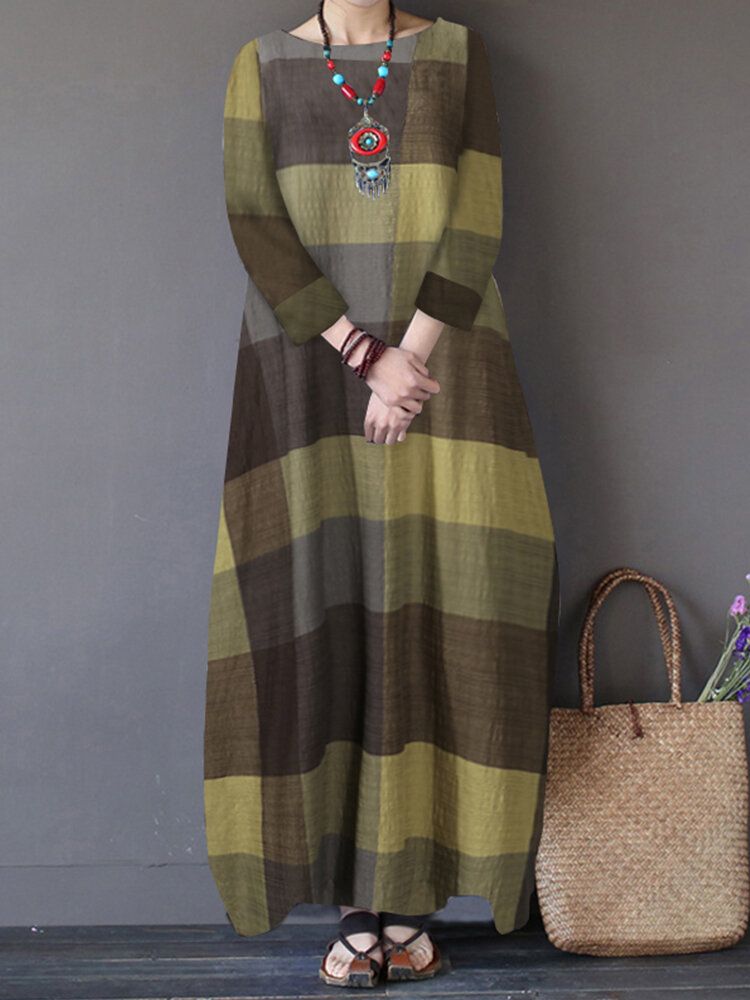 Boczne Kieszenie Plaid Maxi Dress Wypoczynek Dla Kobiet