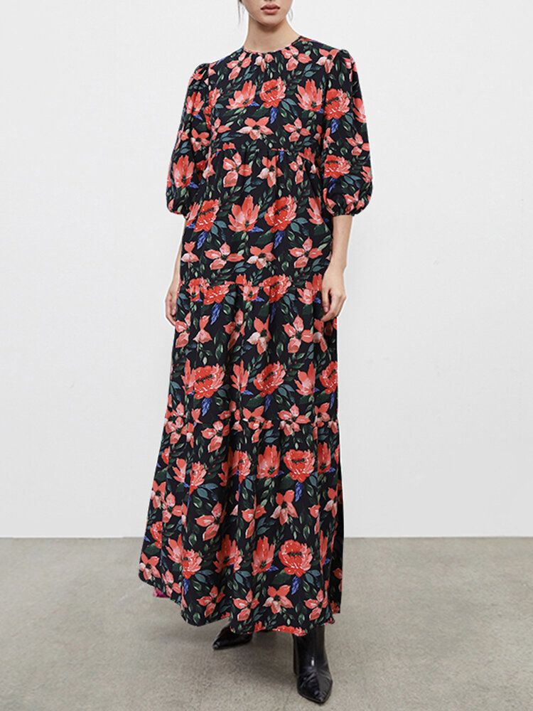 Casual Floral Print O-neck Loose Back Zipper Puff Sleeve Holiday Maxi Dress For Women