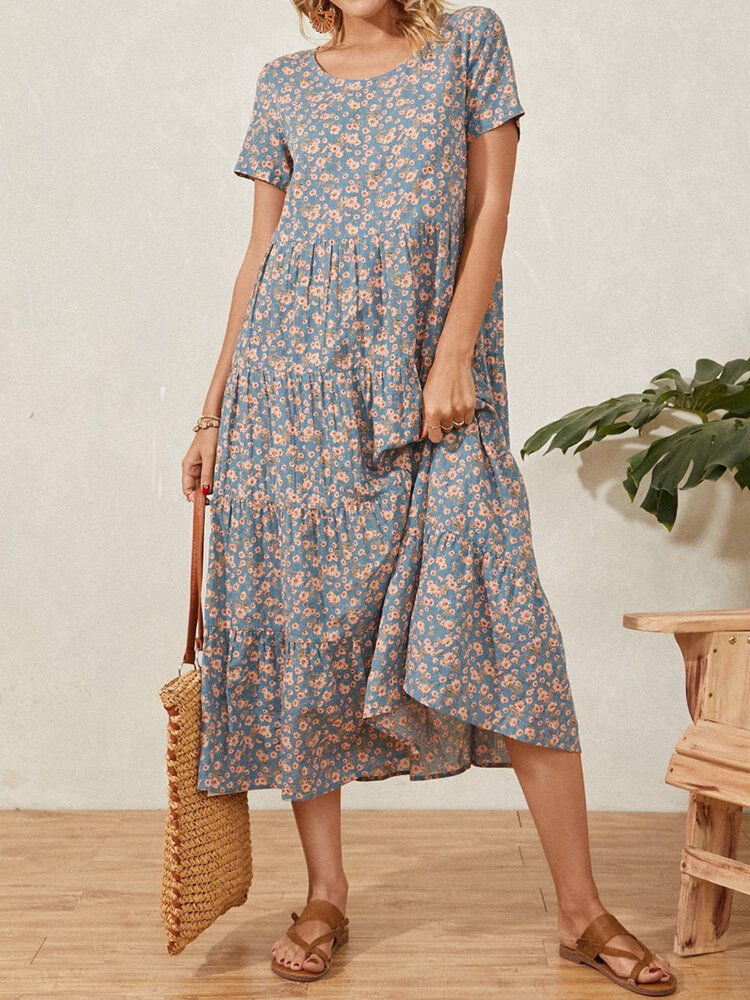 Casual Floral Print Patchwork O-neck Plisowana Sukienka Maxi Z Krótkim Rękawem Dla Kobiet