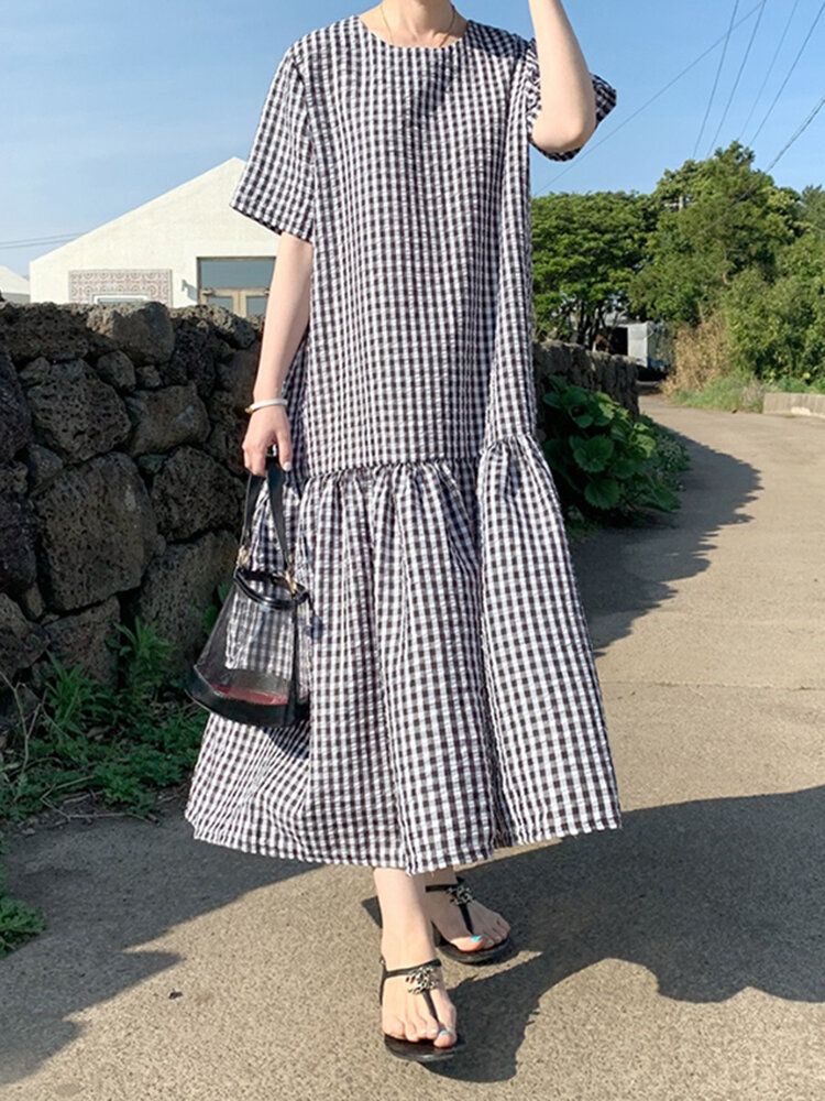 Casual Plaid O-neck Pół Rękaw Bohemia Holiday Plain Maxi Dress