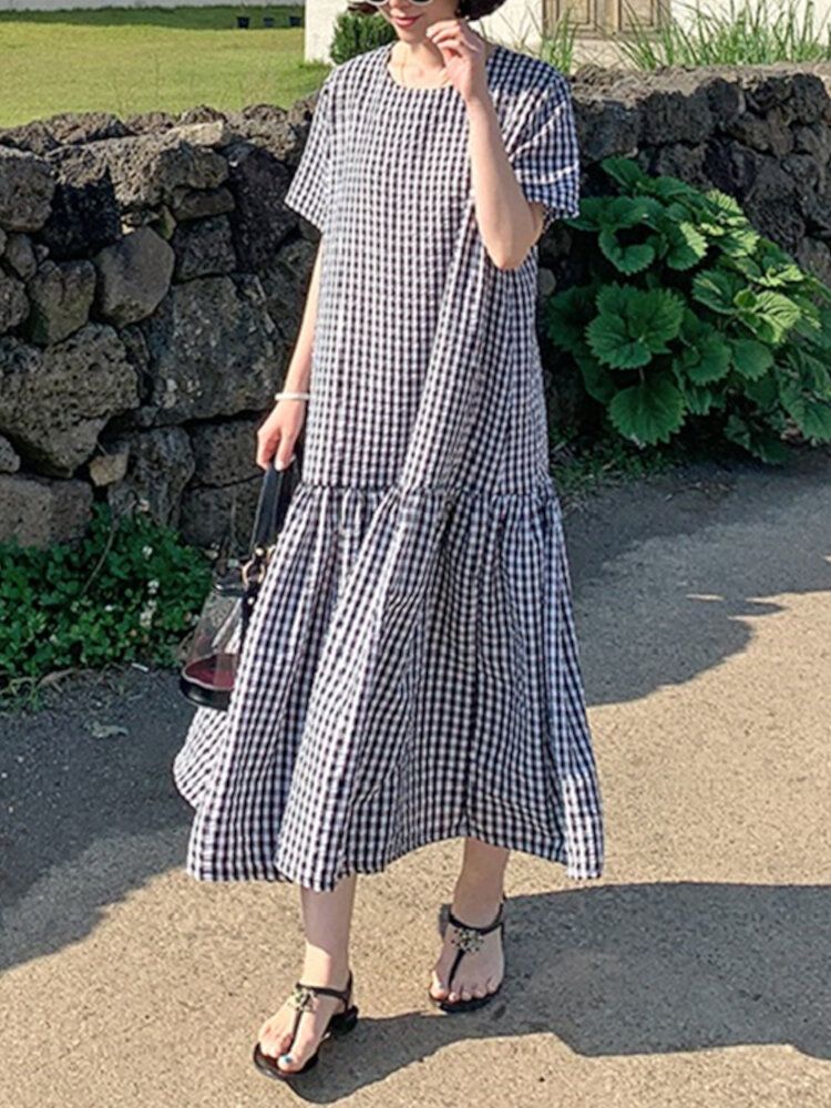 Casual Plaid O-neck Pół Rękaw Bohemia Holiday Plain Maxi Dress